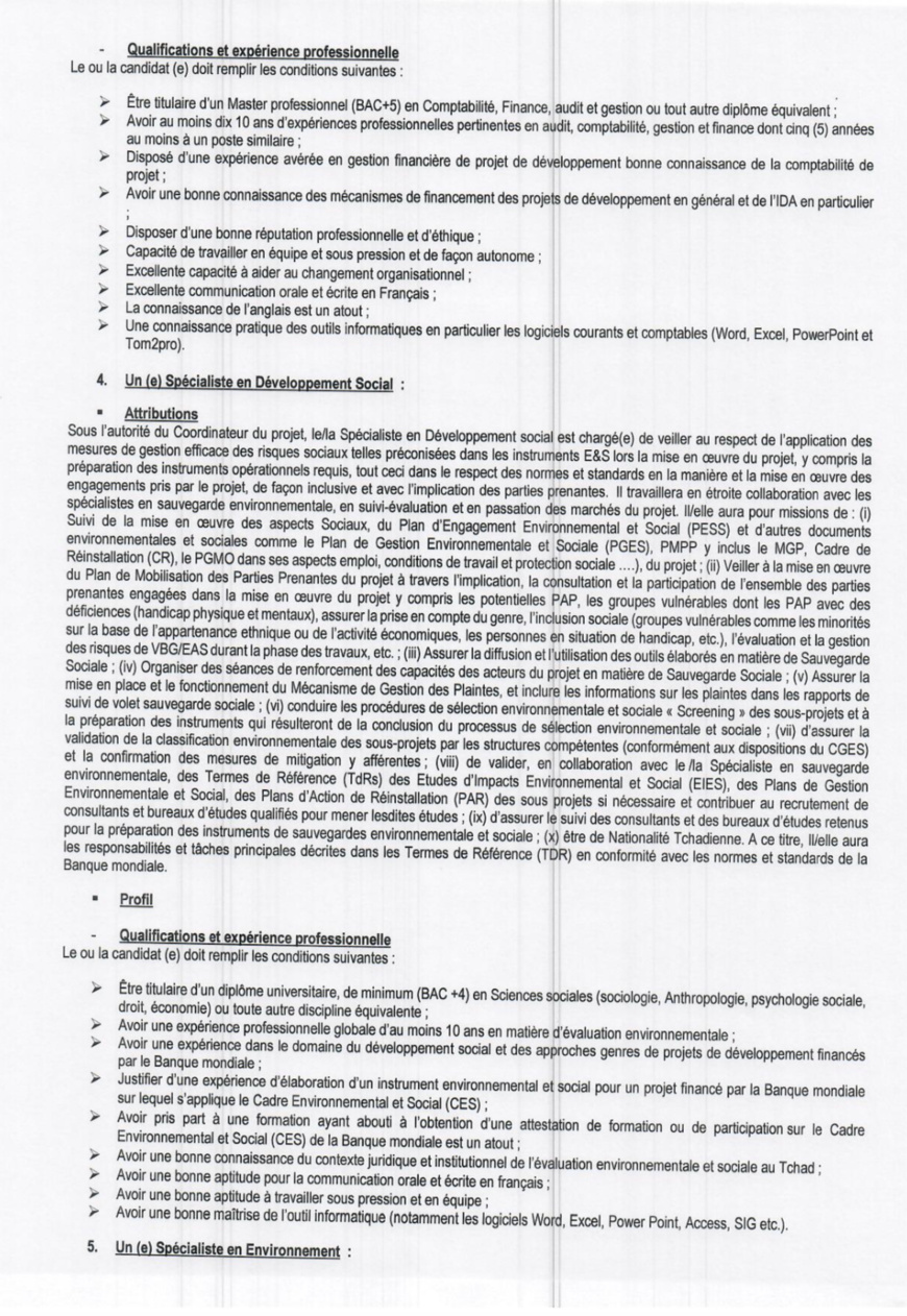Tchad : le projet SWEDD lance un avis de recrutement de personnel sur une base compétitive Tchad : le projet SWEDD lance un avis de recrutement de personnel sur une base compétitive