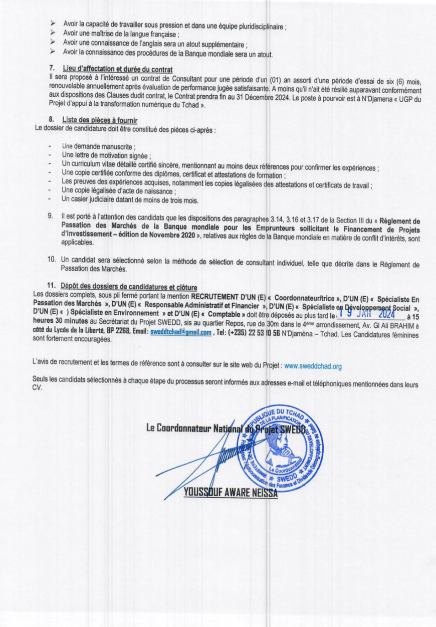 Tchad : le projet SWEDD lance un avis de recrutement de personnel sur une base compétitive Tchad : le projet SWEDD lance un avis de recrutement de personnel sur une base compétitive