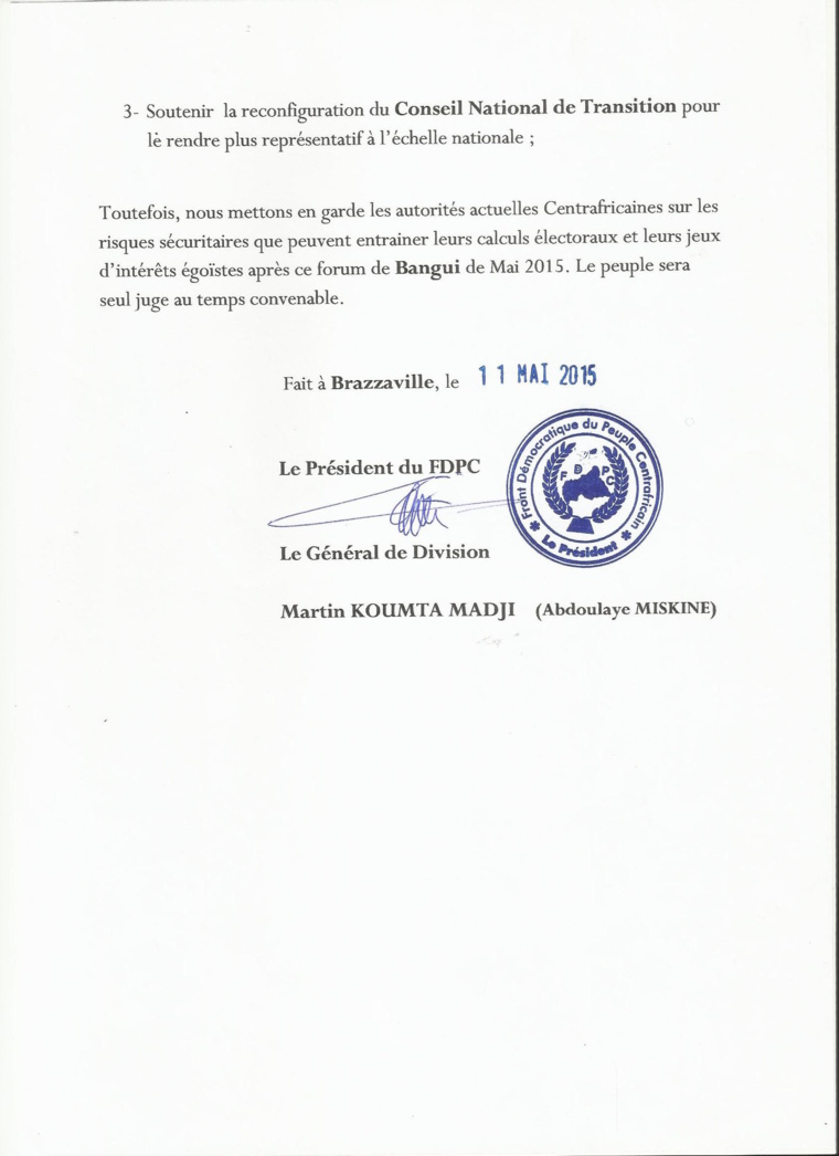 RCA : Le FDPC du général Abdoulaye Miskine met en garde les autorités