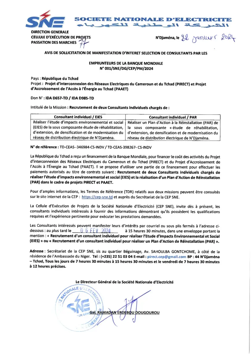 Tchad : Avis de Sollicitation de Manifestation d'Intérêt (Recrutement de Consultants) par la CEP SNE