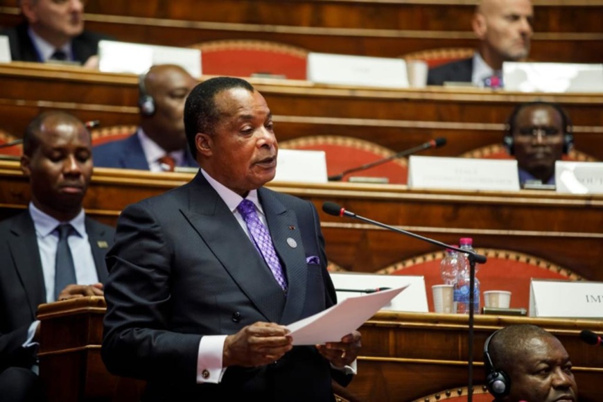 Denis Sassou N'Guesso, au cours de son allocution en Italie. Denis Sassou N'Guesso, au cours de son allocution en Italie.