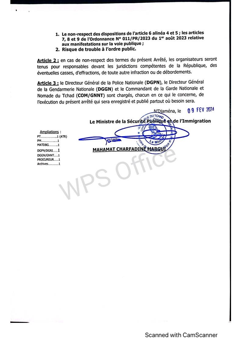 Tchad : Le Ministre de la Sécurité Publique interdit une marche ainsi qu'une manifestation pacifique du parti le Républicain Tchad : Le Ministre de la Sécurité Publique interdit une marche ainsi qu'une manifestation pacifique du parti le Républicain