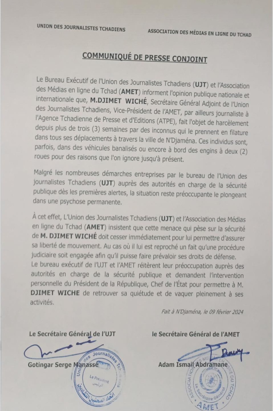 Tchad : harcèlement du journaliste Djimet Wiche signalé par l'UJT et l'AMET