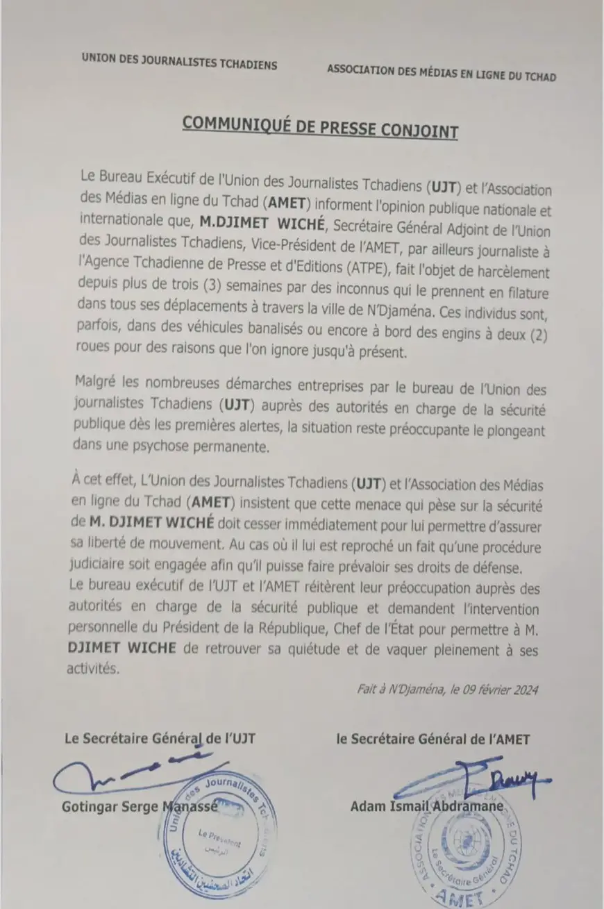 Tchad : harcèlement du journaliste Djimet Wiche signalé par l'UJT et l'AMET