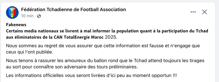 Éliminatoires CAN 2025 : la FTFA dément les rumeurs sur le classement du Tchad aux tirages au sort