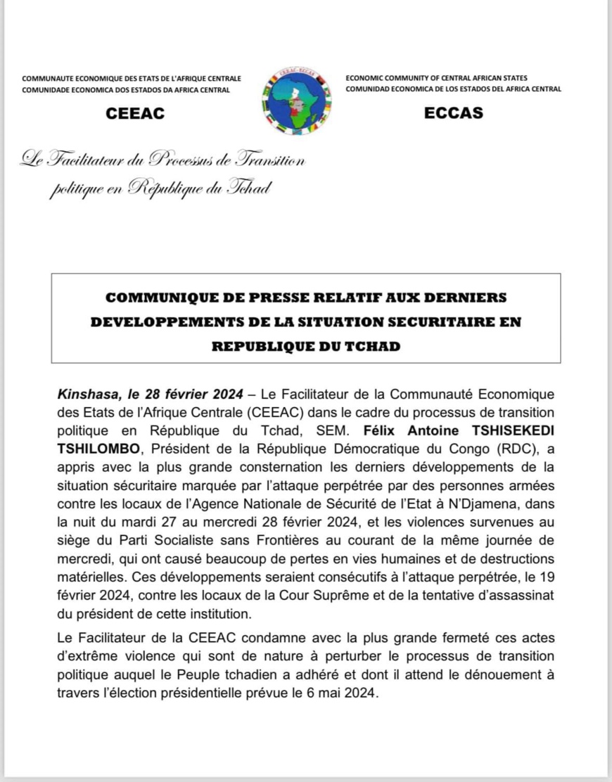 Tchad : le facilitateur de la CEEAC condamne les violences et appelle à une enquête