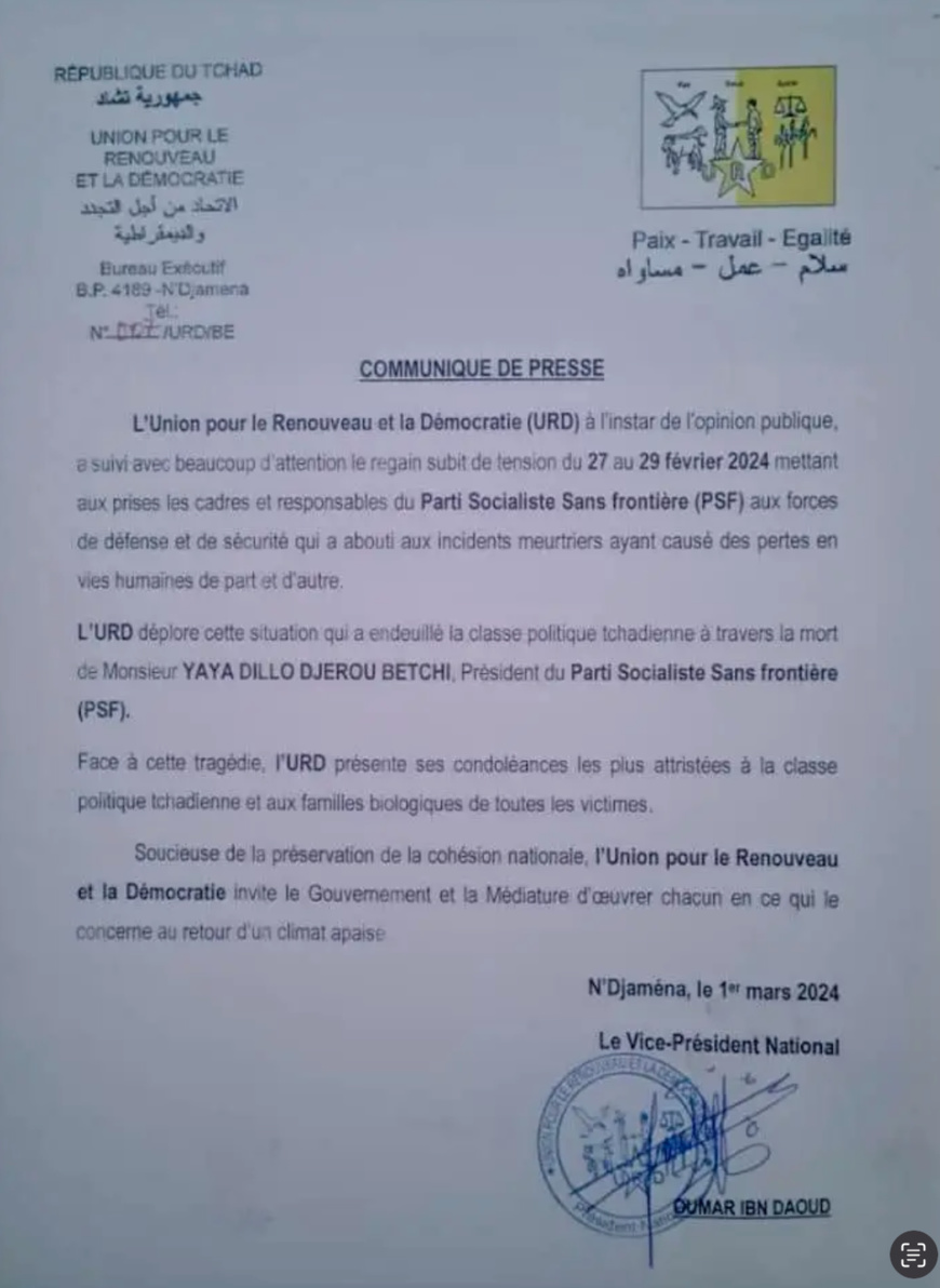Tchad : l'URD déplore les évènements ayant conduit à la mort de Yaya Dillo Tchad : l'URD déplore les évènements ayant conduit à la mort de Yaya Dillo