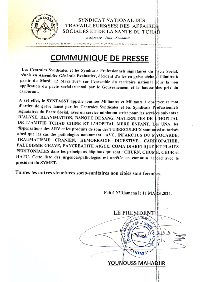 Tchad : les centrales syndicales annoncent une grève sèche et illimitée