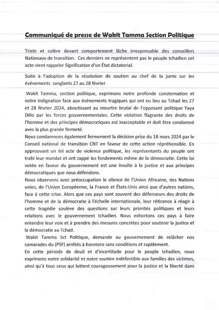 Tchad : Wakit Tamma demande au gouvernement de relâcher les militants du PSF incarcérés à Koro Toro