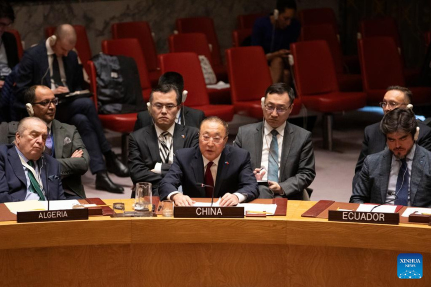 Zhang Jun (C, Front), China's permanent representative to the United Nations (UN), speaks at a Security Council meeting on the Ukraine crisis, at the UN headquarters in New York, on Feb. 23, 2024. Zhang on Friday called for international efforts toward a political resolution to the Ukraine crisis. (Xinhua/Xie E) Zhang Jun (C, Front), China's permanent representative to the United Nations (UN), speaks at a Security Council meeting on the Ukraine crisis, at the UN headquarters in New York, on Feb. 23, 2024. Zhang on Friday called for international efforts toward a political resolution to the Ukraine crisis. (Xinhua/Xie E)