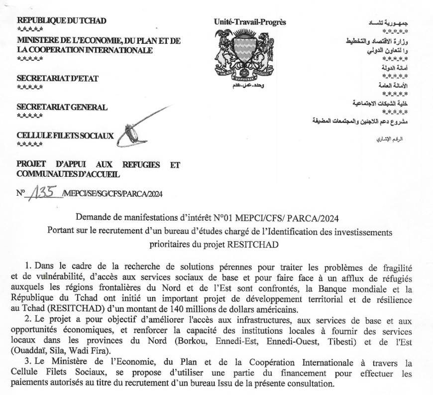 Tchad : Recrutement d'un Bureau d'Études chargé de l'identification des investissements prioritaires du Projet RESITCHAD