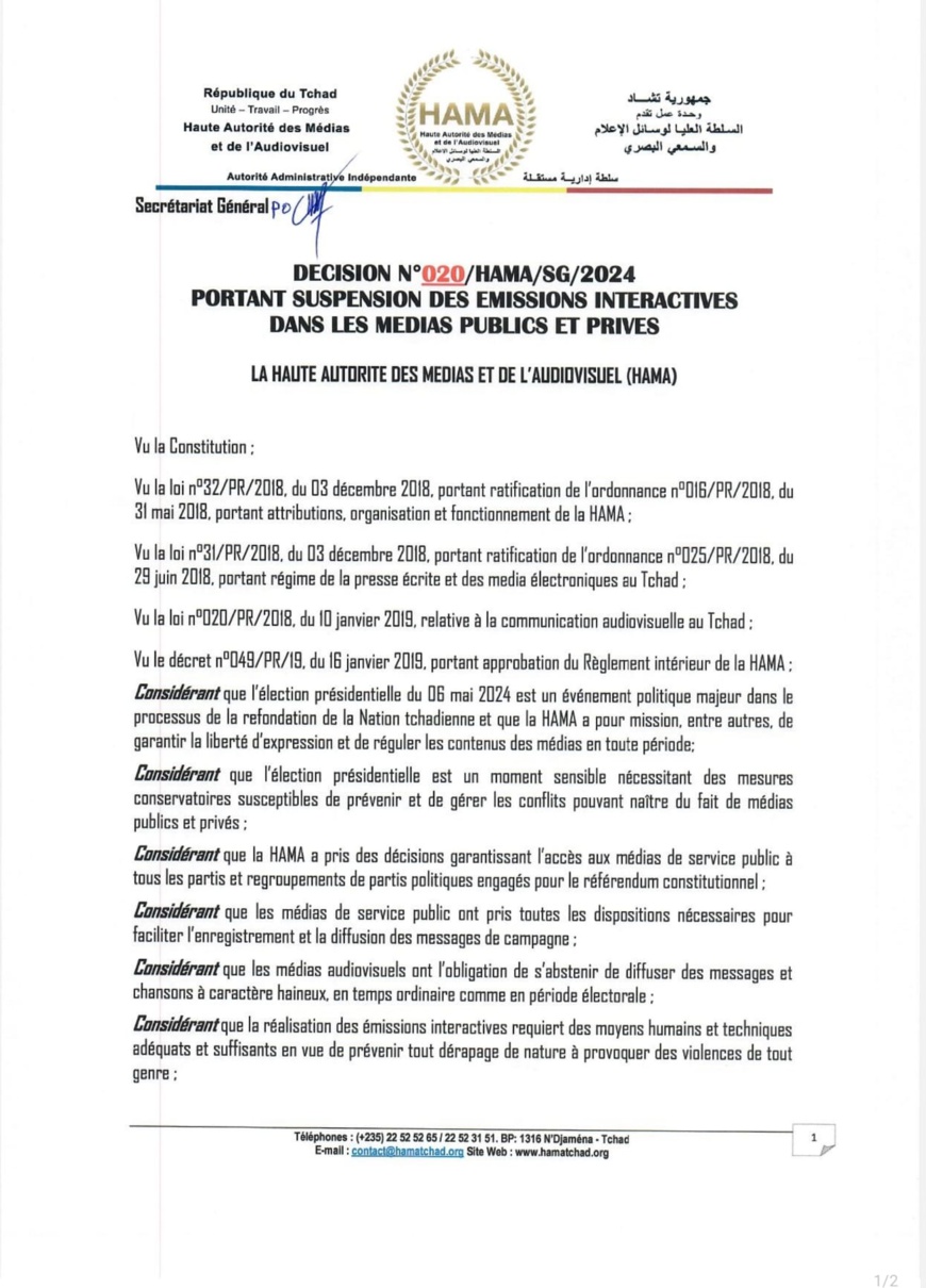 Présidentielle au Tchad : la HAMA suspend les émissions interactives dans les médias