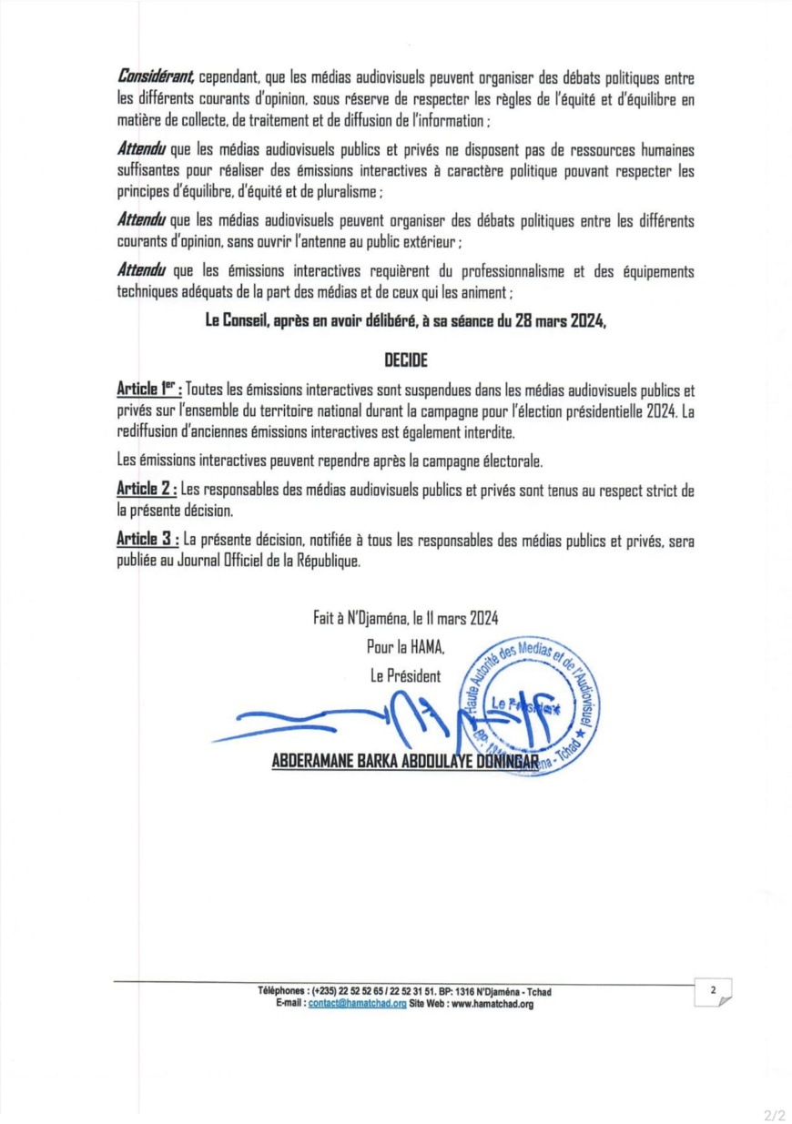 Présidentielle au Tchad : la HAMA suspend les émissions interactives dans les médias Présidentielle au Tchad : la HAMA suspend les émissions interactives dans les médias