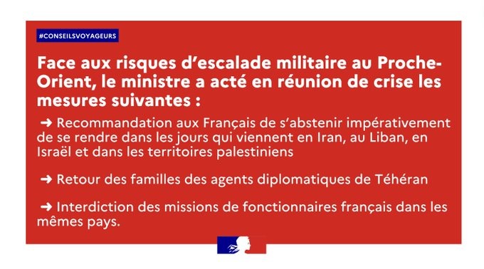 Risques d’escalade militaire au Proche-Orient : Paris conseille les Français à s’abstenir de voyager dans les jours à venir vers certains pays