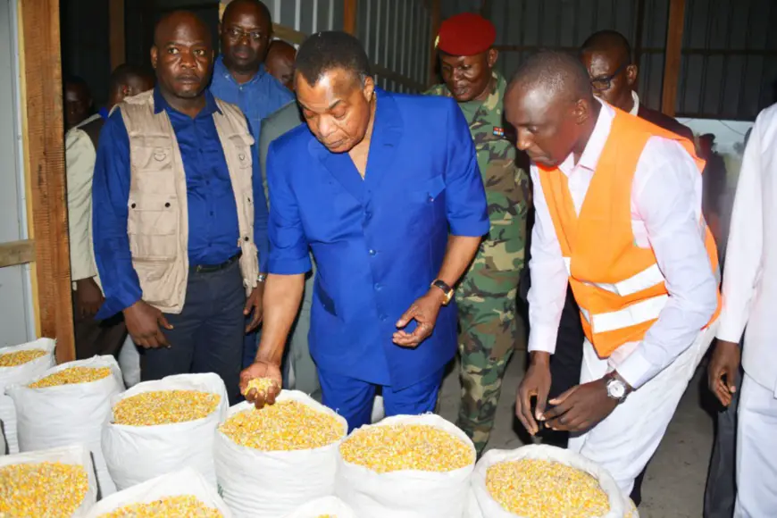 Sassou N'Guesso dans les entrepôts du centre agropastoral et industriel de Kounzoulou