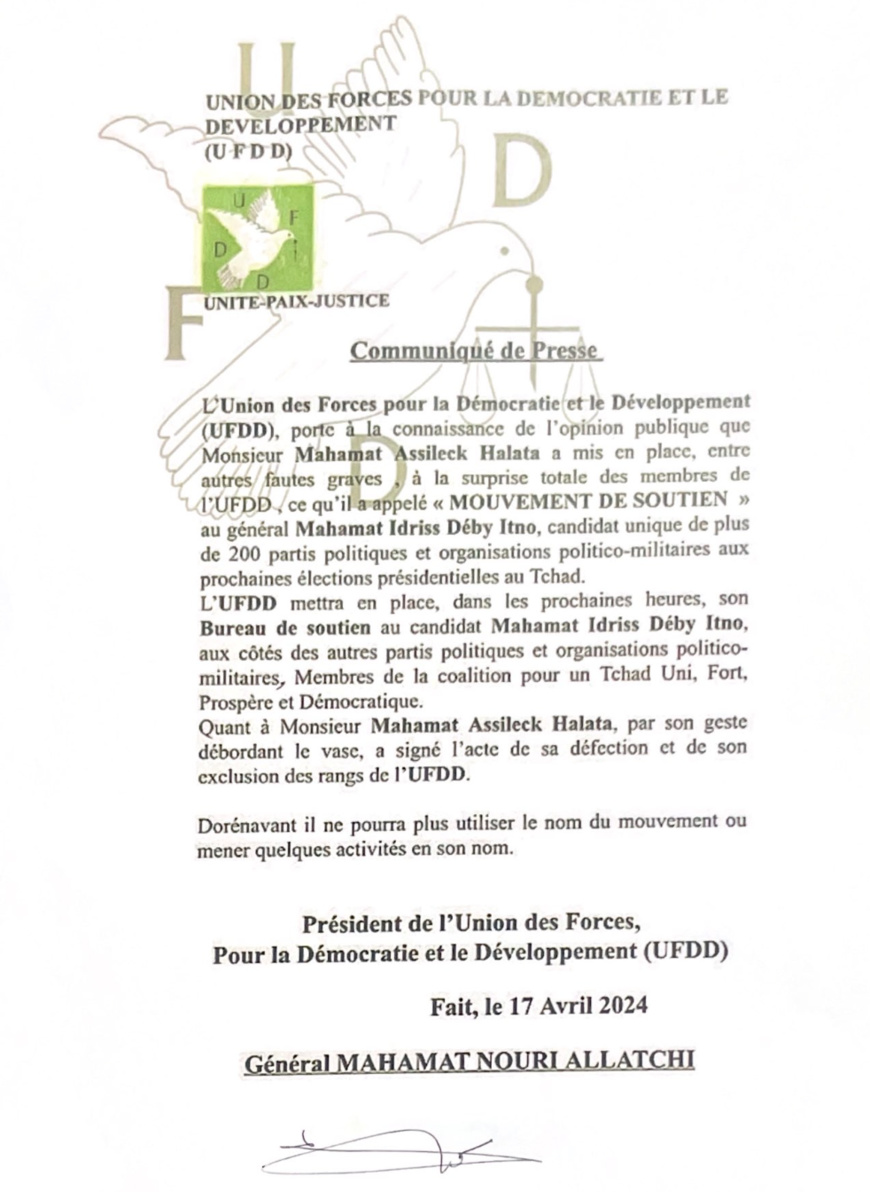 Général Nouri : "l'UFDD mettra en place son Bureau de soutien au candidat MIDI, aux côtés des autres..." Général Nouri : "l'UFDD mettra en place son Bureau de soutien au candidat MIDI, aux côtés des autres..."