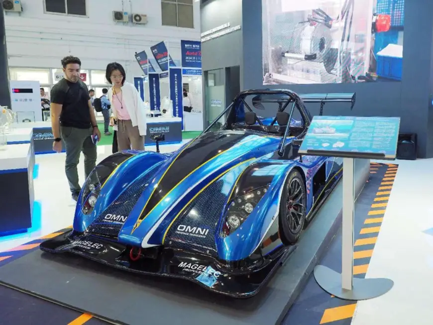 An electric racing car is exhibited at the 2024 Beijing International Automotive Exhibition, April 25, 2024. (Photo by Du Jianpo/People's Daily Online)An electric racing car is exhibited at the 2024 Beijing International Automotive Exhibition, April 25, 2024. (Photo by Du Jianpo/People's Daily Online)