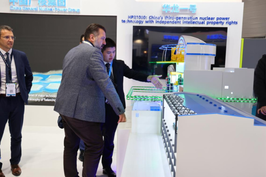 A model of Hualong One, a domestically designed third-generation nuclear reactor, is exhibited at the booth of China General Nuclear Power Group at the fifth edition of the World Nuclear Exhibition held in Paris, France in November 2023. (Photo by Shang Kaiyuan/People's Daily) A model of Hualong One, a domestically designed third-generation nuclear reactor, is exhibited at the booth of China General Nuclear Power Group at the fifth edition of the World Nuclear Exhibition held in Paris, France in November 2023. (Photo by Shang Kaiyuan/People's Daily)