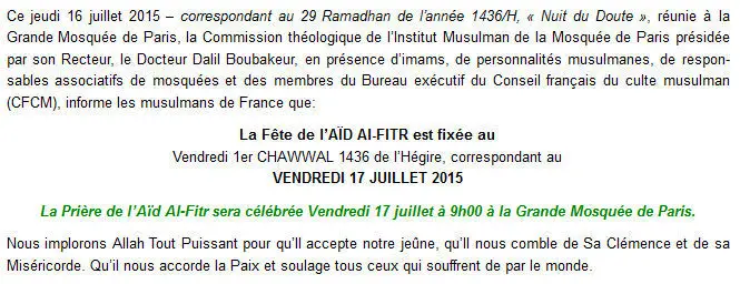 Aid el Fitr 2015, fête de Ramadan en France est le vendredi [OFFICIEL]