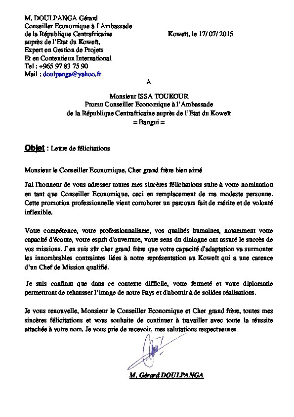 Centrafrique : Doulpanga Gérard félicite son successeur à l’Ambassade du Koweit Centrafrique : Doulpanga Gérard félicite son successeur à l’Ambassade du Koweit