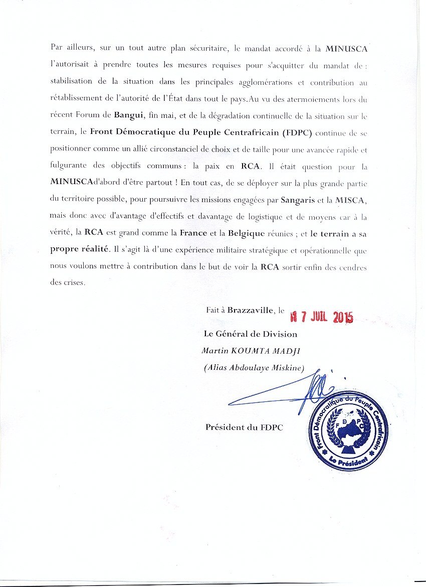 Centrafrique : Le FDPC veut mettre à contribution une expérience militaire stratégique