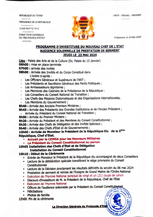 Tchad : le programme d’investiture du président Mahamat Idriss Deby