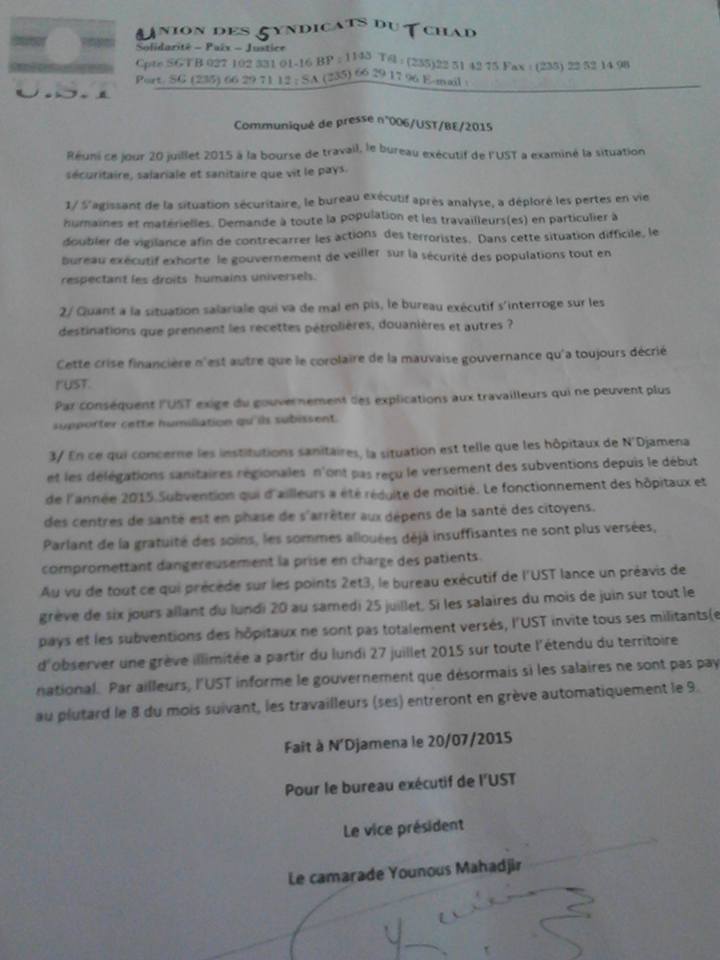 Tchad : L'UST lance un préavis de grève sur tout le territoire Tchad : L'UST lance un préavis de grève sur tout le territoire