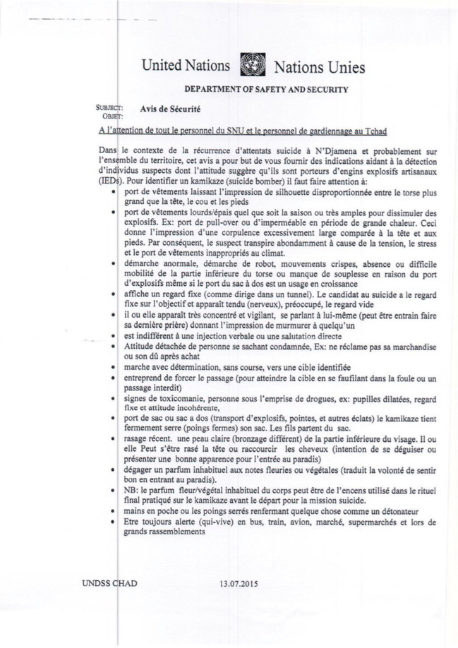 Note adressé à tout le personnel du service des Nations Unis et le personnel de gardiennage au Tchad.