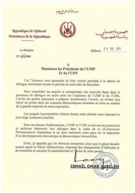 DJIBOUTI : Guelleh appelle à la reprise du dialogue mort-né entre gouvernement et opposition.