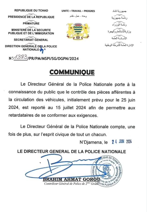 Tchad : report du contrôle des pièces de circulation des véhicules Tchad : report du contrôle des pièces de circulation des véhicules