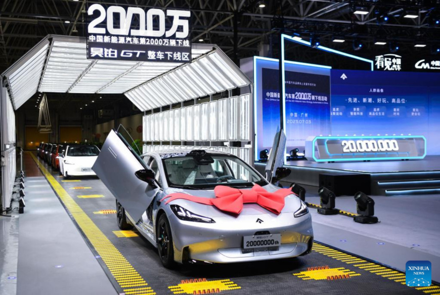 This photo taken on July 3, 2023 shows China's 20 millionth new energy vehicle (NEV) produced by GAC Aion New Energy Automobile Co., Ltd. in Guangzhou, south China's Guangdong Province. China's 20 millionth NEV rolled off the production line on Monday in Guangzhou, creating a remarkable milestone for the country's NEV sector. (Xinhua/Deng Hua) This photo taken on July 3, 2023 shows China's 20 millionth new energy vehicle (NEV) produced by GAC Aion New Energy Automobile Co., Ltd. in Guangzhou, south China's Guangdong Province. China's 20 millionth NEV rolled off the production line on Monday in Guangzhou, creating a remarkable milestone for the country's NEV sector. (Xinhua/Deng Hua)
