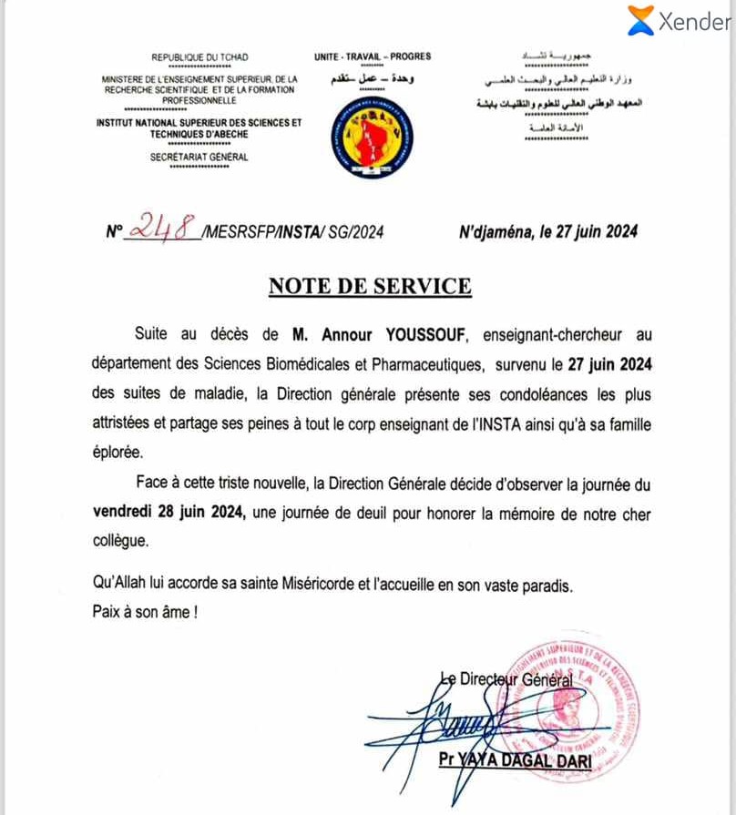 Tchad : décès de l'enseignant-chercheur Annour Youssouf, l'INSTA en deuil Tchad : décès de l'enseignant-chercheur Annour Youssouf, l'INSTA en deuil