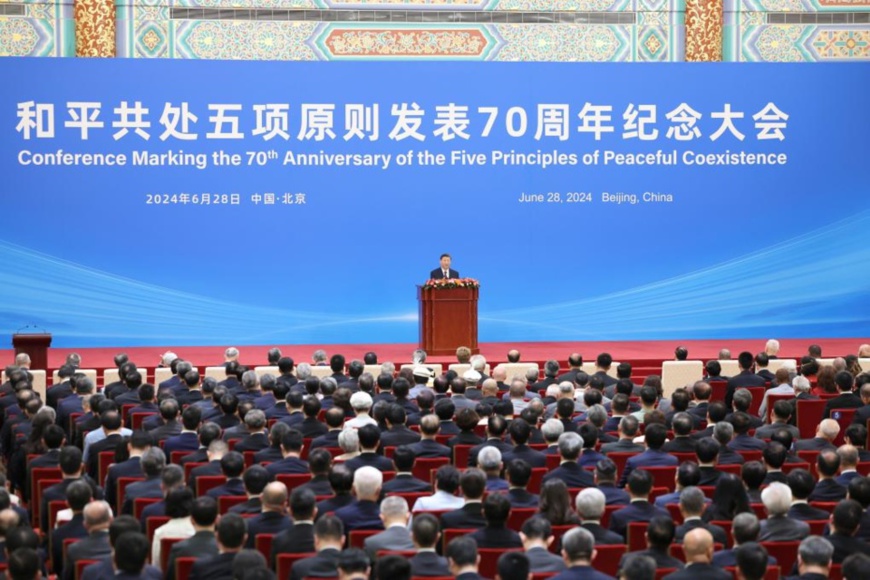 Chinese President Xi Jinping attends the Conference Marking the 70th Anniversary of the Five Principles of Peaceful Coexistence and delivers an important speech titled "Carrying Forward the Five Principles of Peaceful Coexistence and Jointly Building a Community with a Shared Future for Mankind" at the Great Hall of the People in Beijing, capital of China, June 28, 2024. (Xinhua/Ding Haitao) Chinese President Xi Jinping attends the Conference Marking the 70th Anniversary of the Five Principles of Peaceful Coexistence and delivers an important speech titled "Carrying Forward the Five Principles of Peaceful Coexistence and Jointly Building a Community with a Shared Future for Mankind" at the Great Hall of the People in Beijing, capital of China, June 28, 2024. (Xinhua/Ding Haitao)