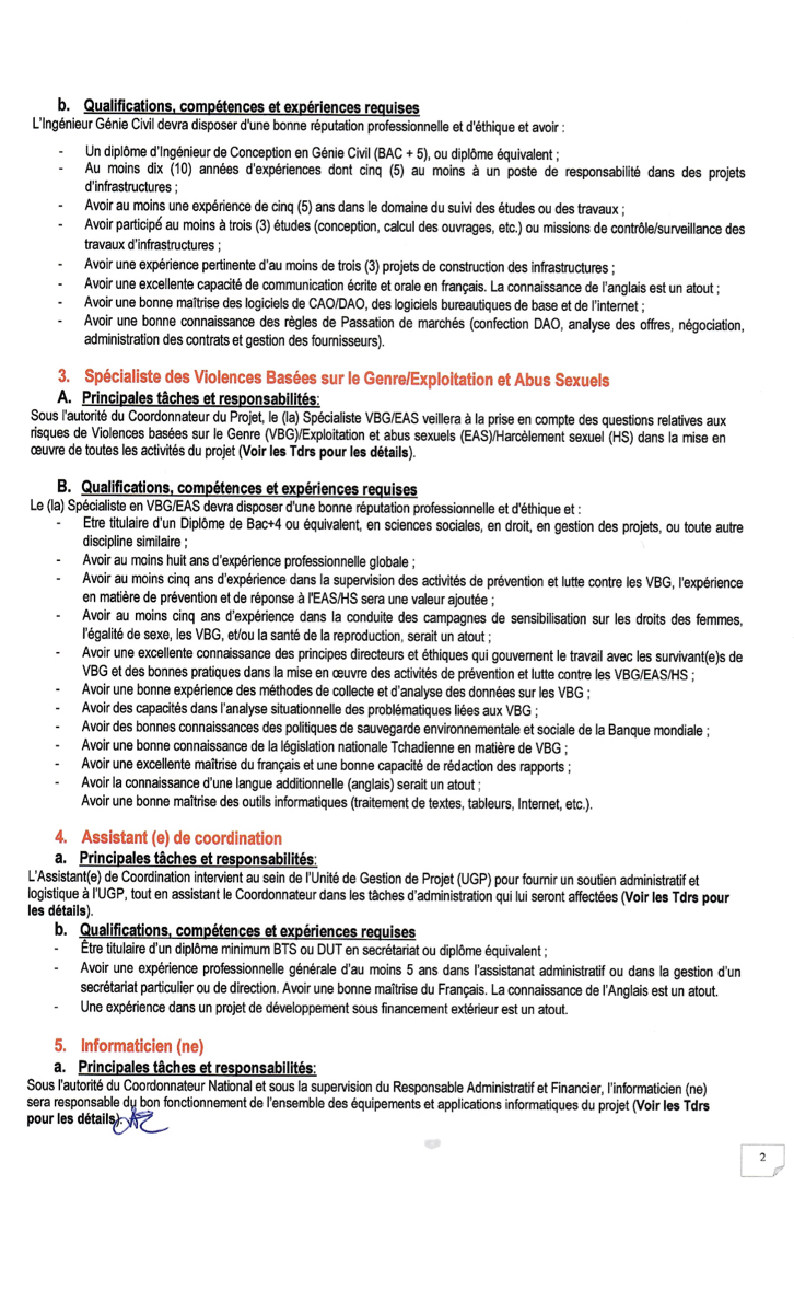 Tchad : le projet RESITCHAD lance un avis de recrutement de personnel Tchad : le projet RESITCHAD lance un avis de recrutement de personnel
