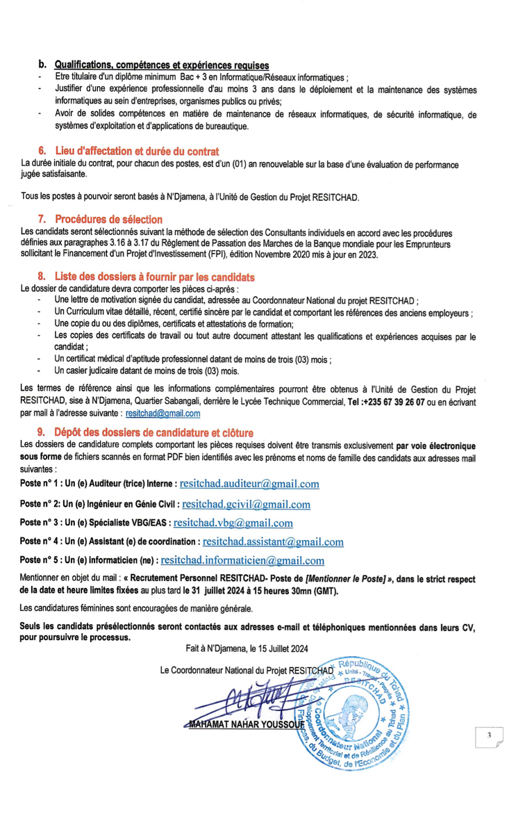 Tchad : le projet RESITCHAD lance un avis de recrutement de personnel Tchad : le projet RESITCHAD lance un avis de recrutement de personnel