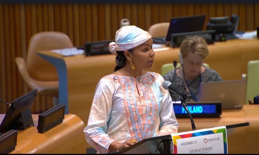 La ministre déléguée auprès du ministre des Finances et du Budget, chargée de l’Économie et du Plan, Mme Fatima Haram Acyl, durant sa déclaration à la tribune des Nations Unies. La ministre déléguée auprès du ministre des Finances et du Budget, chargée de l’Économie et du Plan, Mme Fatima Haram Acyl, durant sa déclaration à la tribune des Nations Unies.