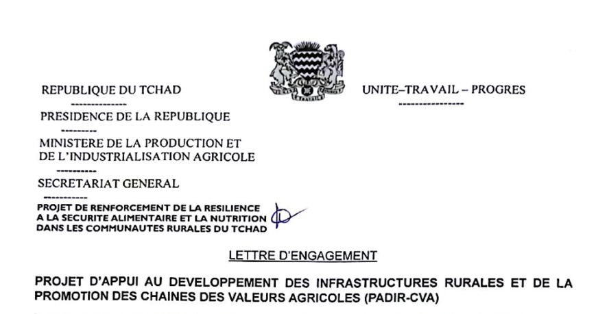Tchad : Lettre d'engagement pour un nouveau Projet d'Appui au Développement des Infrastructures Rurales (PADIR-CVA) Tchad : Lettre d'engagement pour un nouveau Projet d'Appui au Développement des Infrastructures Rurales (PADIR-CVA)