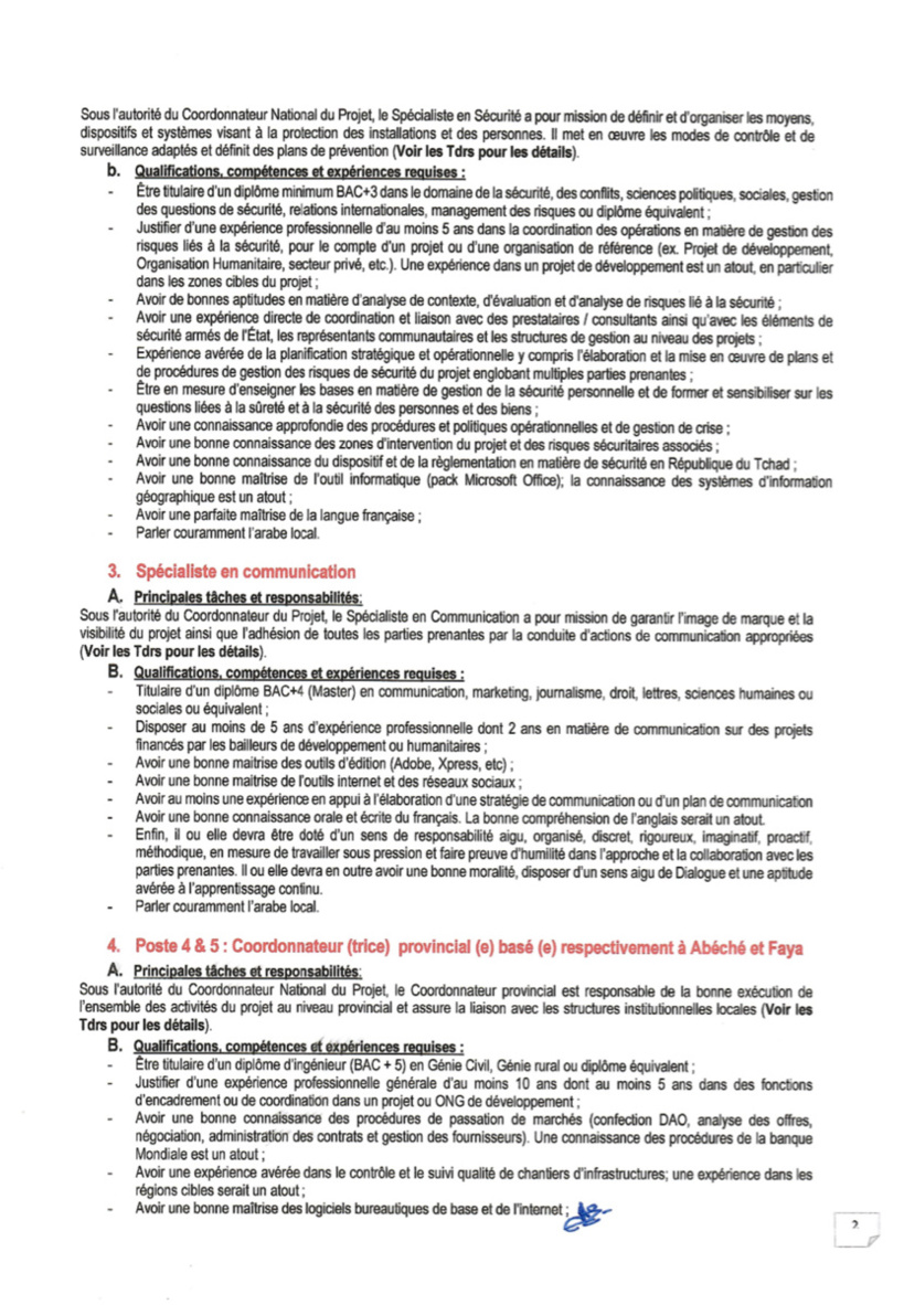 Tchad : Le projet RESITCHAD lance un avis de recrutement de personnel complémentaire Tchad : Le projet RESITCHAD lance un avis de recrutement de personnel complémentaire