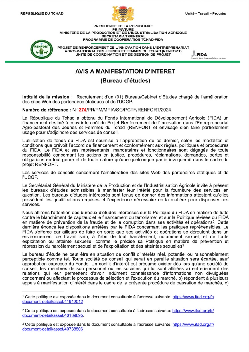 Tchad : Avis à manifestation d'intérêt du projet RENFORT pour le recrutement d'un Bureau/cabinet d'études Tchad : Avis à manifestation d'intérêt du projet RENFORT pour le recrutement d'un Bureau/cabinet d'études