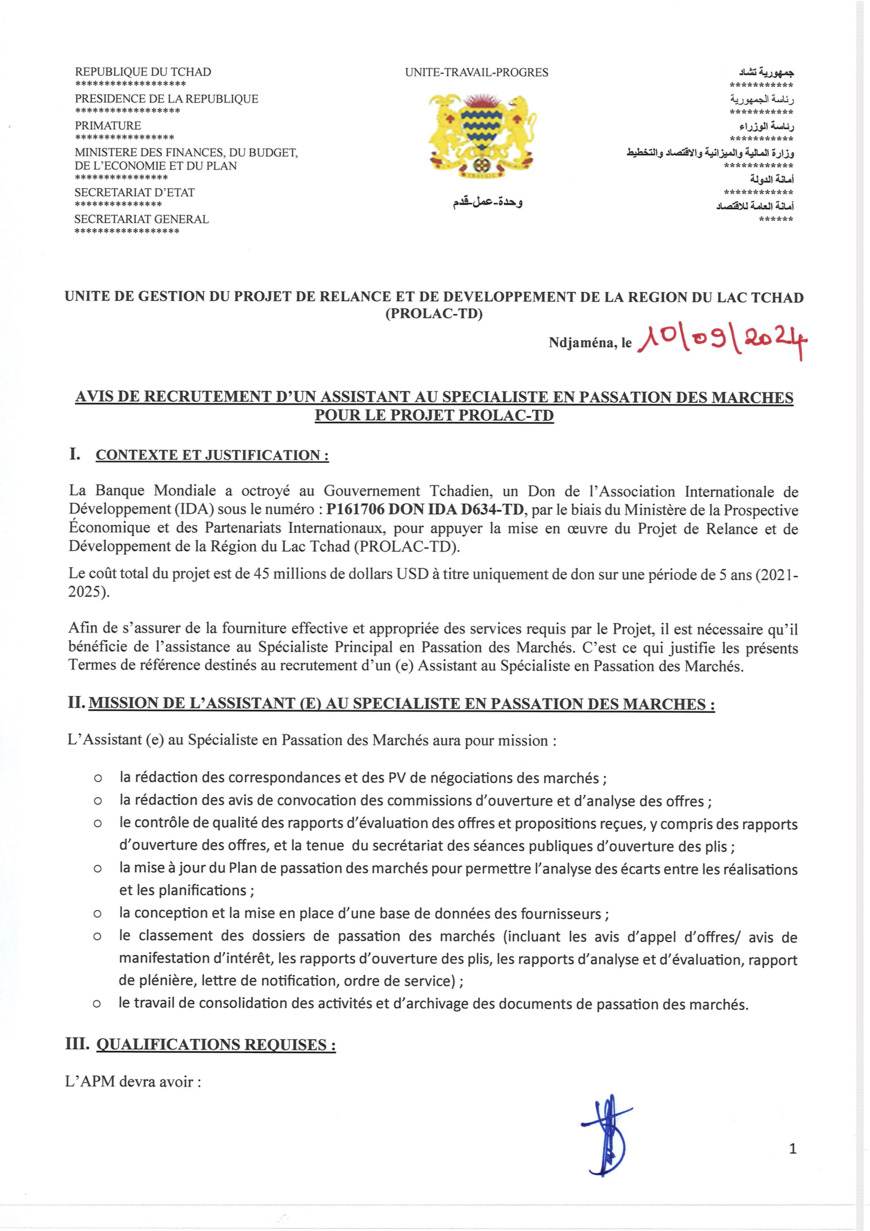 Tchad : Avis de recrutement d'un(e) Assistant(e) au Spécialiste en Passation des Marchés pour le projet PROLAC-TD Tchad : Avis de recrutement d'un(e) Assistant(e) au Spécialiste en Passation des Marchés pour le projet PROLAC-TD