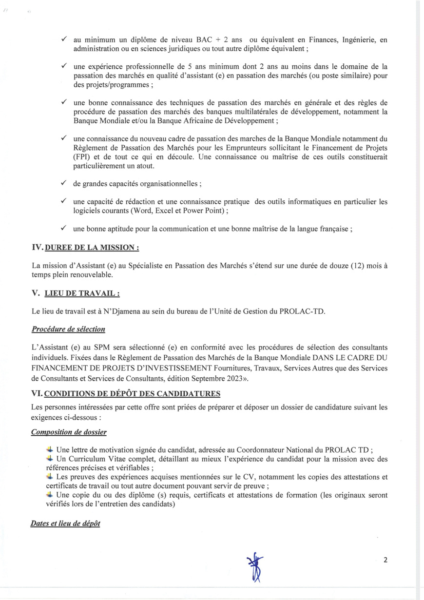 Tchad : Avis de recrutement d'un(e) Assistant(e) au Spécialiste en Passation des Marchés pour le projet PROLAC-TD Tchad : Avis de recrutement d'un(e) Assistant(e) au Spécialiste en Passation des Marchés pour le projet PROLAC-TD