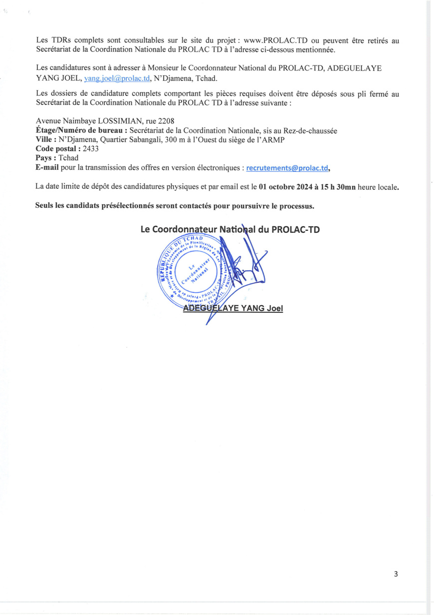 Tchad : Avis de recrutement d'un(e) Assistant(e) au Spécialiste en Passation des Marchés pour le projet PROLAC-TD Tchad : Avis de recrutement d'un(e) Assistant(e) au Spécialiste en Passation des Marchés pour le projet PROLAC-TD