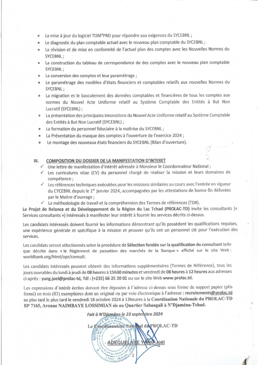 Tchad : Recrutement d'un Consultant (Cabinet) pour la mise à jour du logiciel TOM2PRO (AMI n°237 du Projet PROLAC-TD) Tchad : Recrutement d'un Consultant (Cabinet) pour la mise à jour du logiciel TOM2PRO (AMI n°237 du Projet PROLAC-TD)