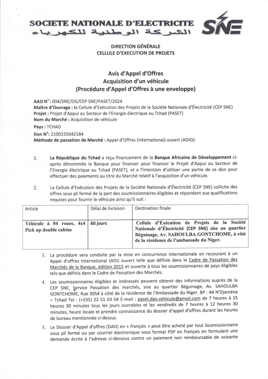 Tchad : AAIO portant sur l'acquisition d'un véhicule 4x4 (Projet PASET) Tchad : AAIO portant sur l'acquisition d'un véhicule 4x4 (Projet PASET)