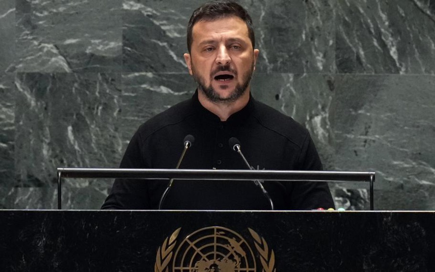 Le président ukrainien Volodymyr Zelenskyy s'adresse à la 79ème session de l'Assemblée générale des Nations-Unies. Photo : stripes.com Le président ukrainien Volodymyr Zelenskyy s'adresse à la 79ème session de l'Assemblée générale des Nations-Unies. Photo : stripes.com