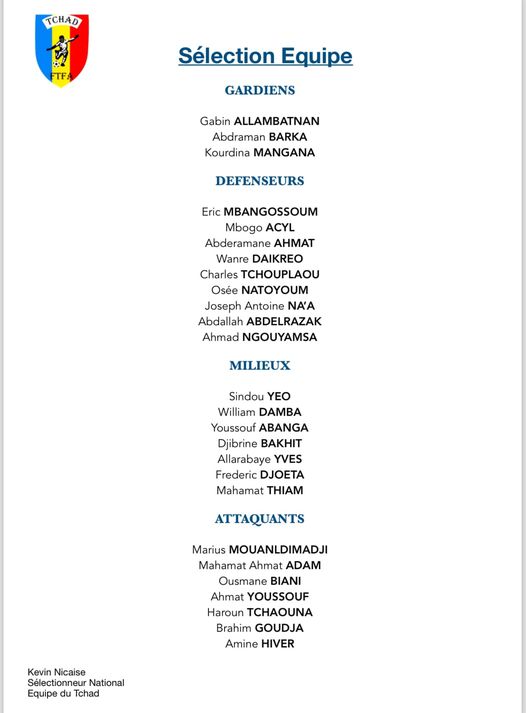 Tchad : Liste des Joueurs Sélectionnés pour la Confrontation Contre la Zambie Tchad : Liste des Joueurs Sélectionnés pour la Confrontation Contre la Zambie