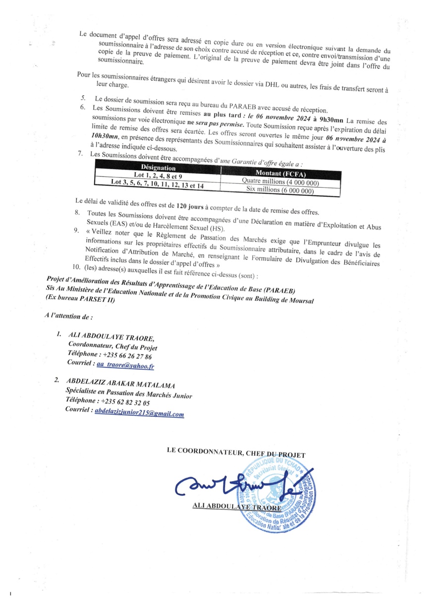 Tchad : avis spécifique d'appel d'offres du PARAEB pour la construction des infrastructures scolaires au Wadi Fira Tchad : avis spécifique d'appel d'offres du PARAEB pour la construction des infrastructures scolaires au Wadi Fira