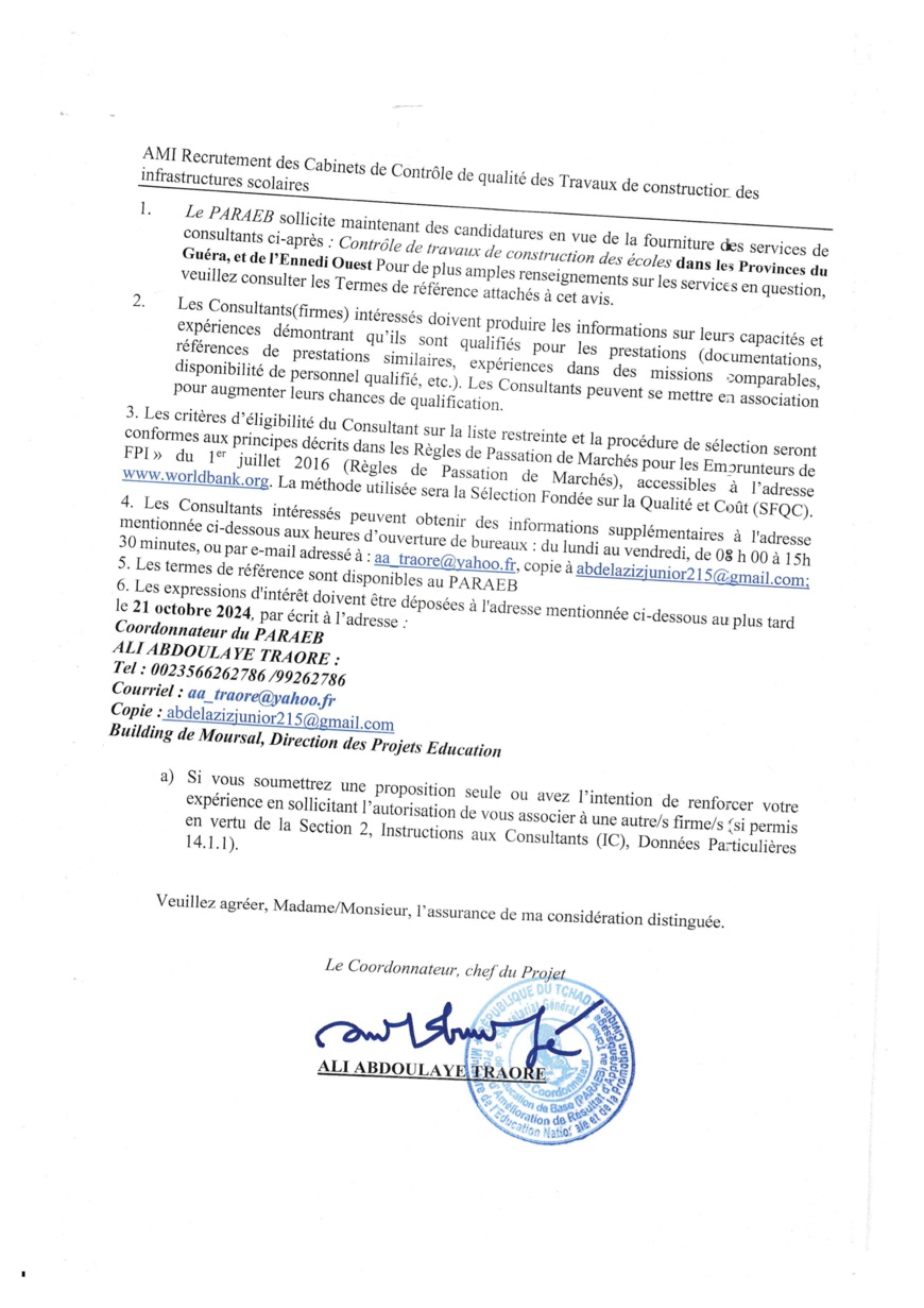 Tchad : Avis à manifestation d'intérêt du PARAEB pour le contrôle de qualité des travaux de construction Tchad : Avis à manifestation d'intérêt du PARAEB pour le contrôle de qualité des travaux de construction