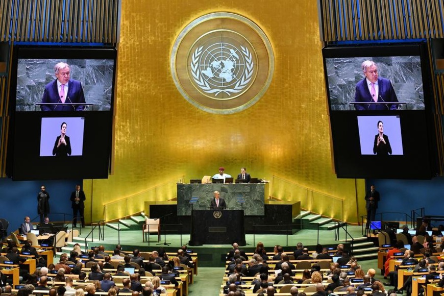 UN Secretary-General Antonio Guterres (at the podium) speaks at the Summit of the Future at the UN headquarters in New York, Sept. 22, 2024. (Xinhua/Li Rui) UN Secretary-General Antonio Guterres (at the podium) speaks at the Summit of the Future at the UN headquarters in New York, Sept. 22, 2024. (Xinhua/Li Rui)