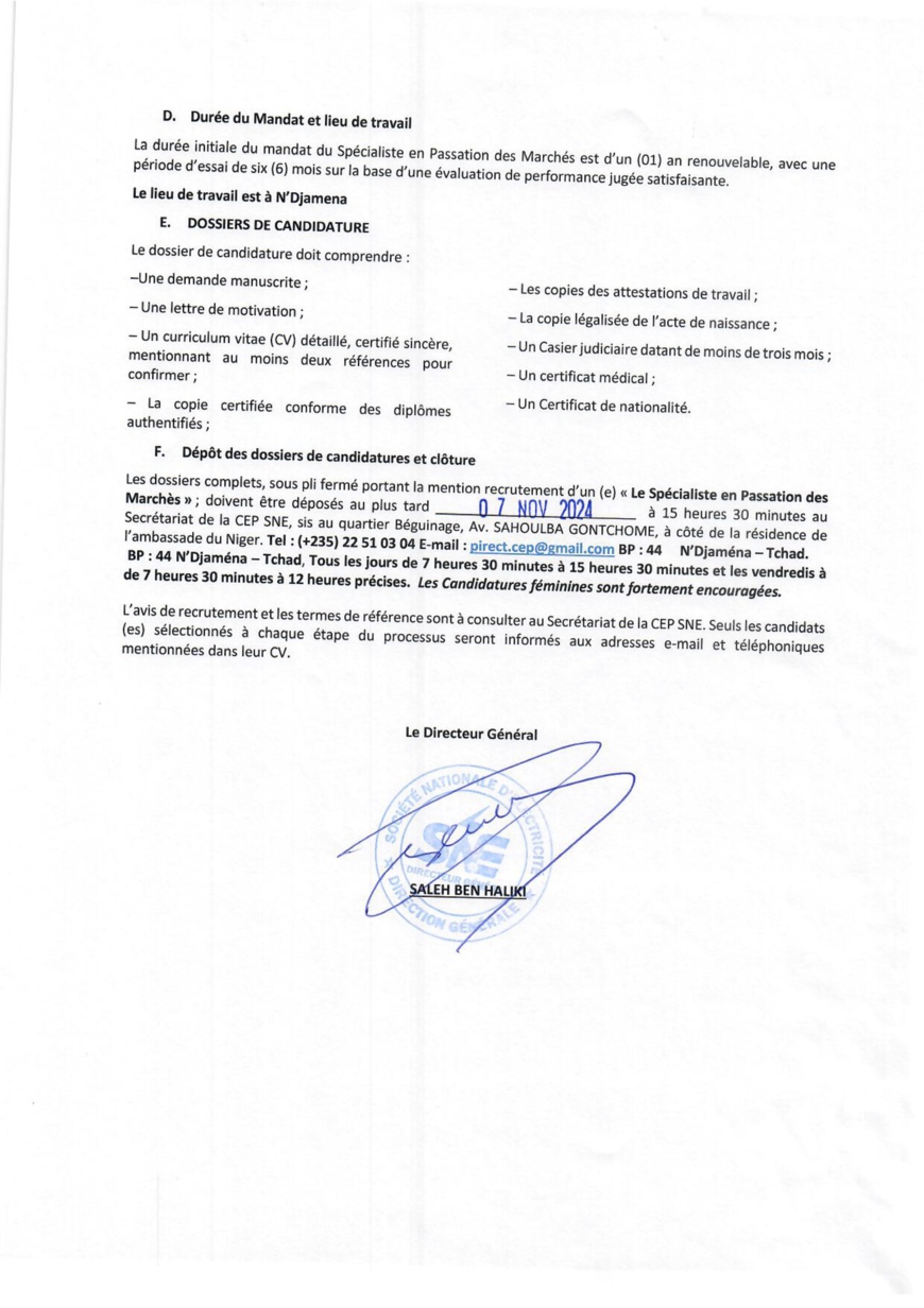 Tchad : Recrutement d'un Spécialiste en Passation des Marchés des Projets PIRECT, PAAET et RESPITE (CEP-SNE) Tchad : Recrutement d'un Spécialiste en Passation des Marchés des Projets PIRECT, PAAET et RESPITE (CEP-SNE)